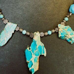 Turquoise Slice Statement Necklace Mixed Beads Art Jewelry NWT